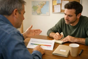 asesor mostrando opciones de inversión a cliente con mapa de Xàtiva plan de pensiones en xativa