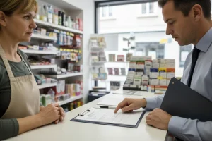 Asesor revisando póliza con la propietaria de un comercio durante una consulta de seguros para comercios en Canals