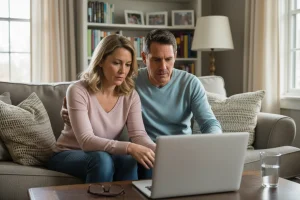Pareja comparando seguros en Xàtiva desde el sofá de casa con expresión de duda