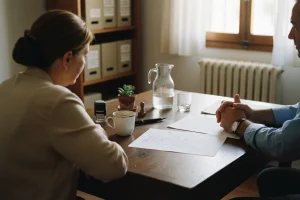 Pareja madura revisando gráficos de su plan de pensiones en Canals en una tableta sobre la mesa del salón